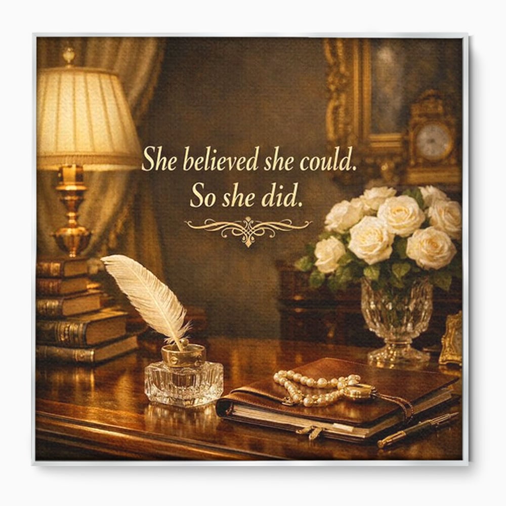 Tablou canvas cu tablou canvas motivational birou vintage, in rama de aluminiu argintiu