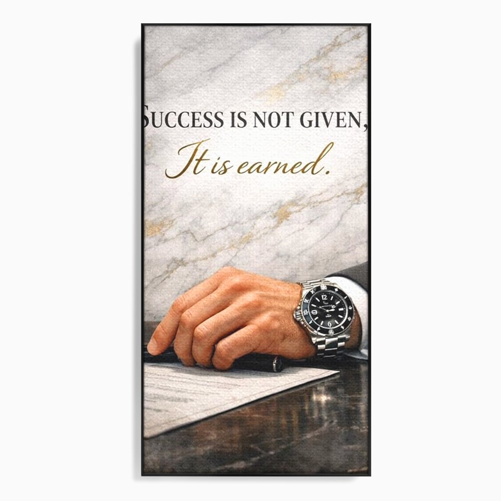 Tablou canvas cu tablou canvas cu citat motivational si mana cu ceas, in rama de aluminiu negru
