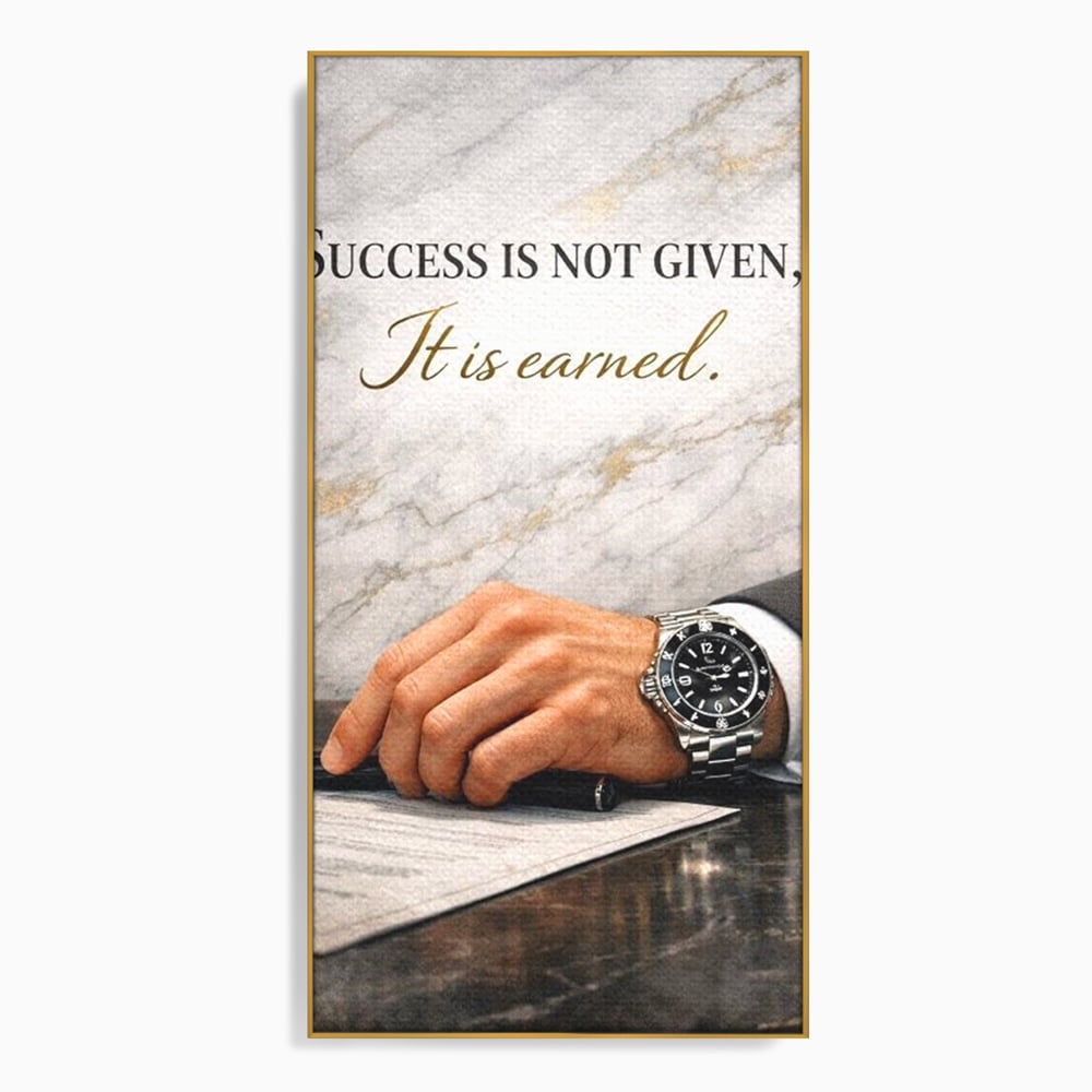 Tablou canvas cu tablou canvas cu citat motivational si mana cu ceas, in rama de aluminiu auriu