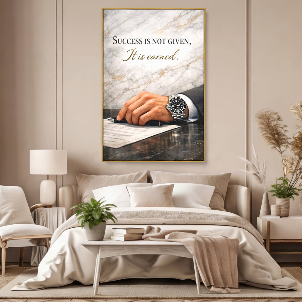 Tablou canvas cu tablou canvas cu citat motivational si mana cu ceas, in rama de aluminiu auriu, pe perete intr-un dormitor