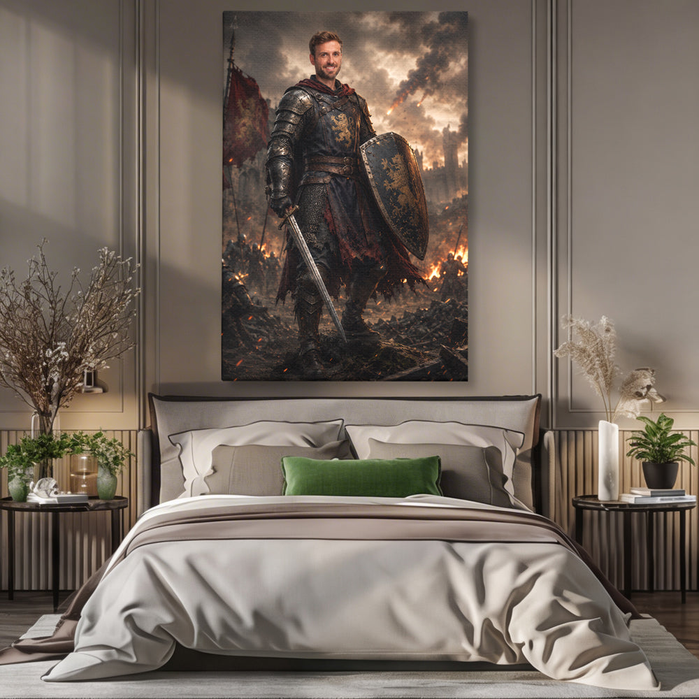 Tablou canvas cu tablou personalizat cu razboinic in armura, pe perete intr-un dormitor