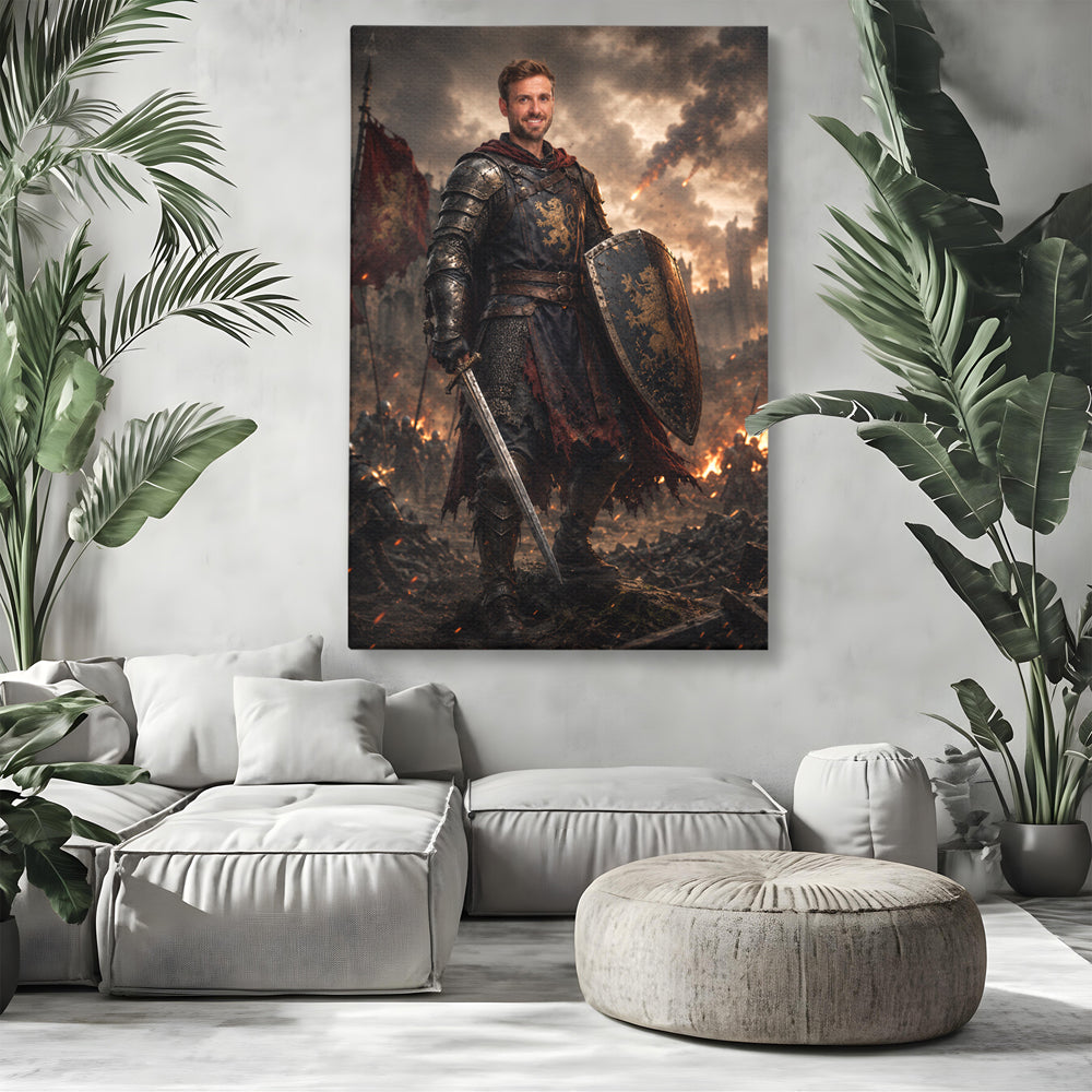 Tablou canvas cu tablou personalizat cu razboinic in armura, pe perete intr-un living