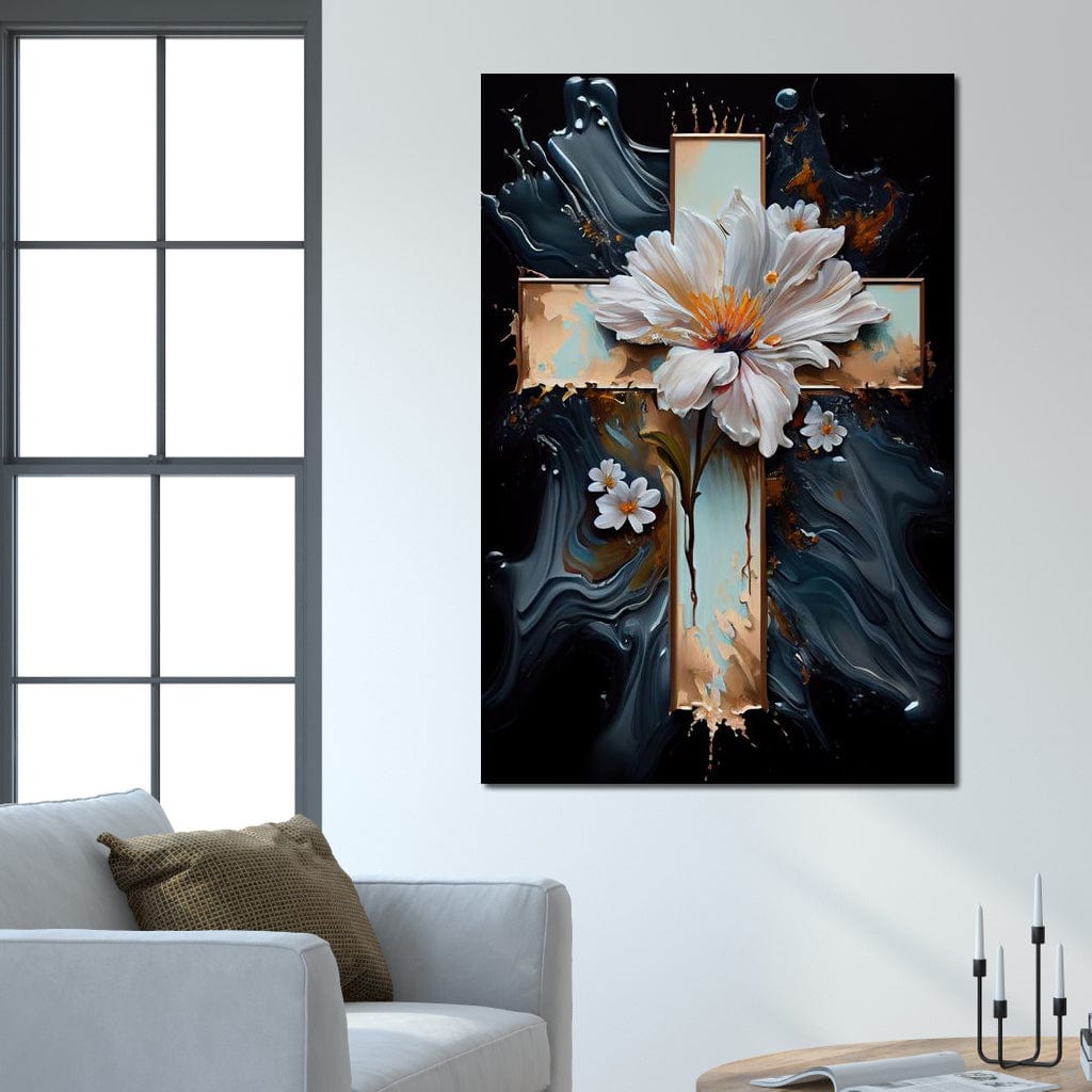 Tablou canvas decorativ cu tablou canvas cu o cruce si flori albe