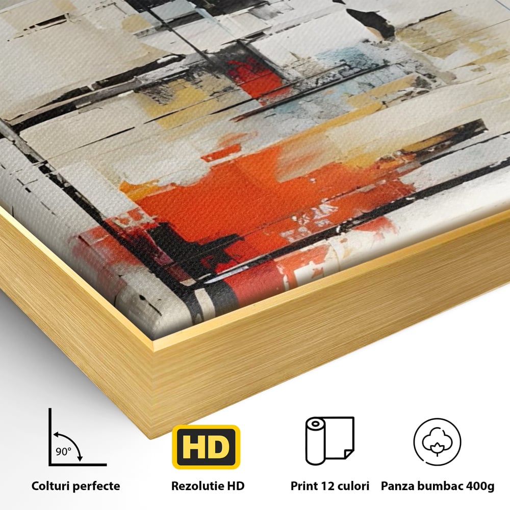 Detaliu al suprafetei: pictura abstracta cu linii si pete, in rama de aluminiu auriu