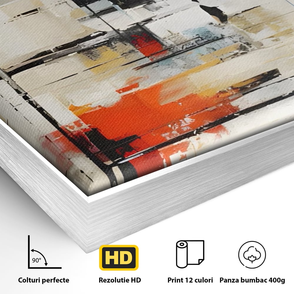 Detaliu al suprafetei: pictura abstracta cu linii si pete, in rama de aluminiu argintiu