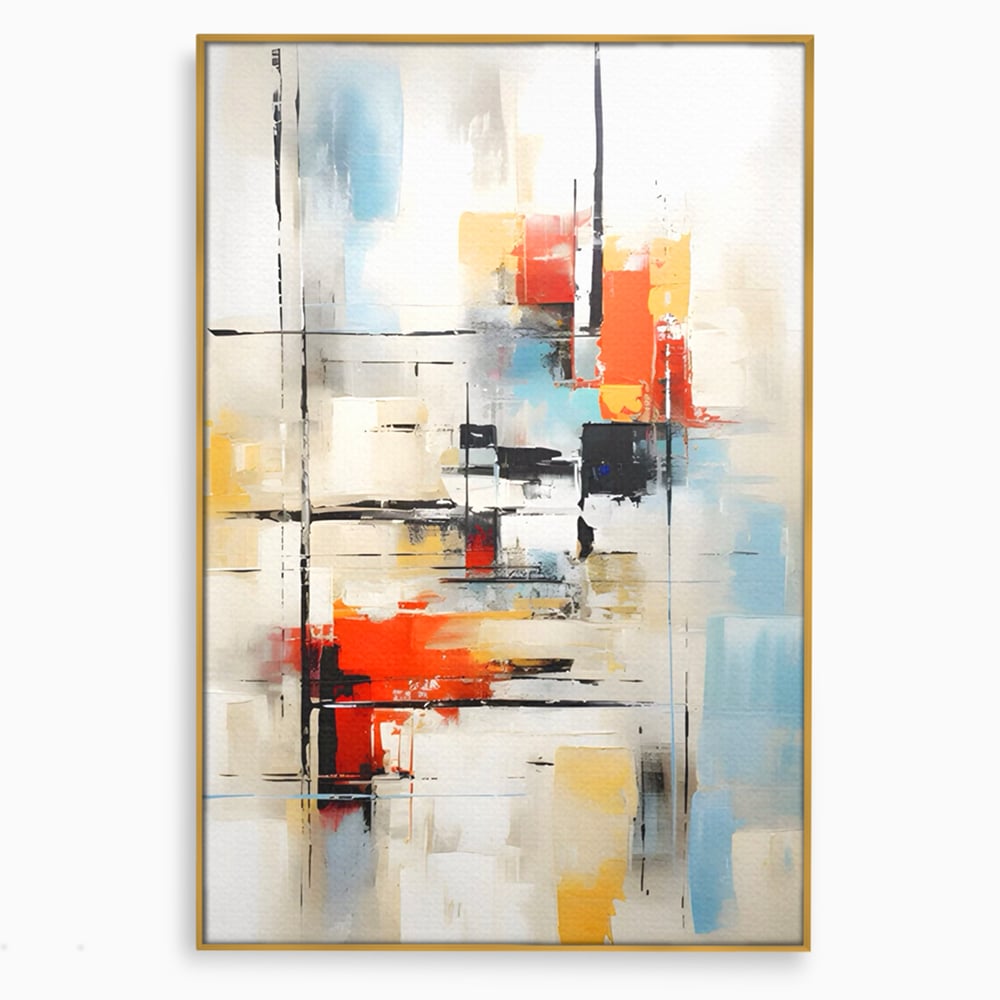 Tablou canvas cu pictura abstracta cu linii si pete, in rama de aluminiu auriu