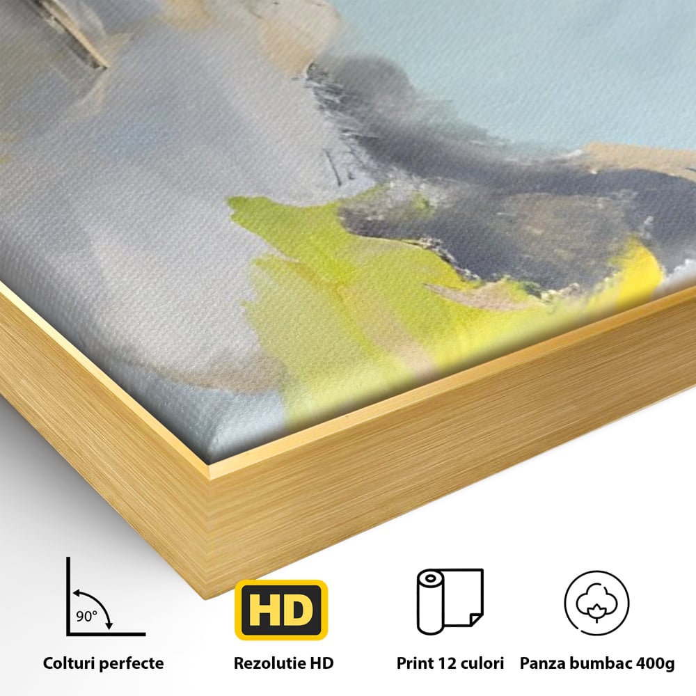 Detaliu al suprafetei: pictura abstracta cu pete de culoare, in rama de aluminiu auriu