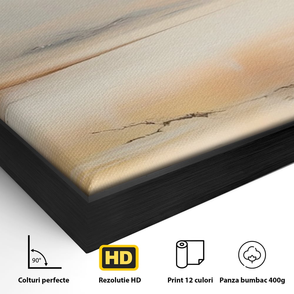 Detaliu al suprafetei: pictura peisaj abstract cu dealuri, in rama de aluminiu negru
