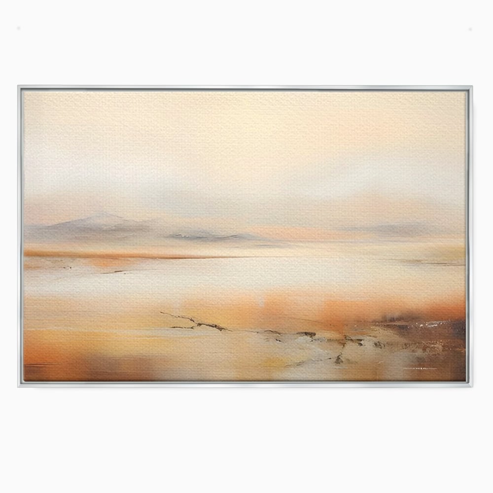 Tablou canvas cu pictura peisaj abstract cu dealuri, in rama de aluminiu argintiu