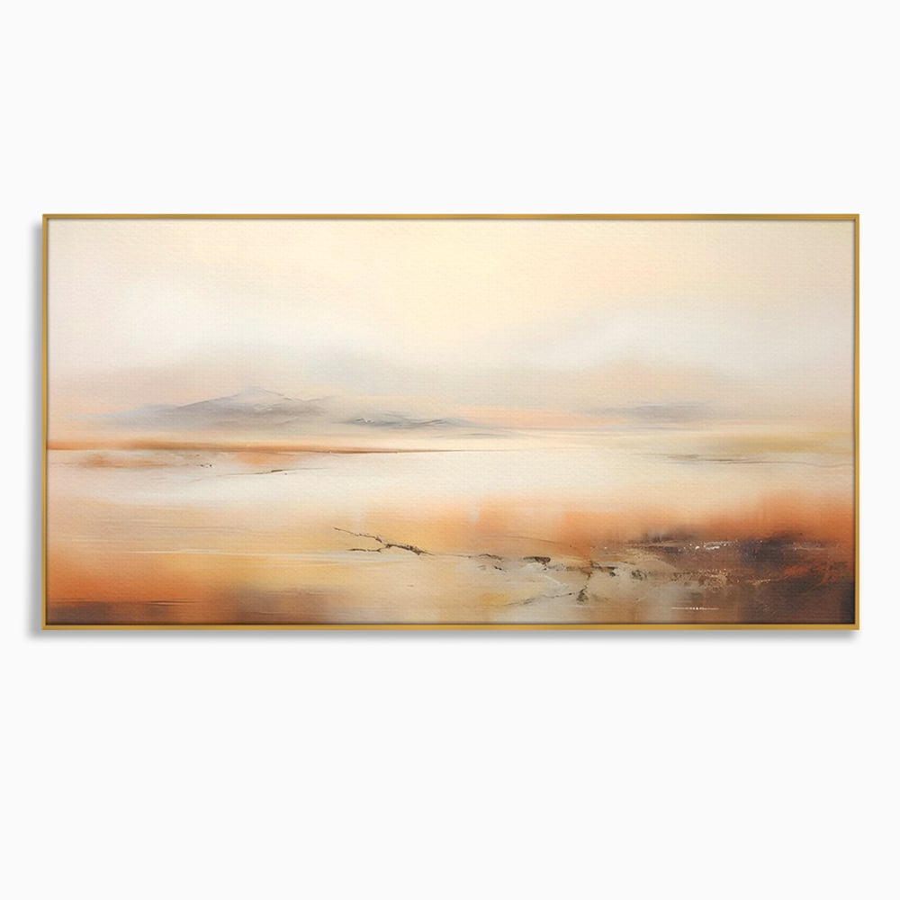 Tablou canvas cu pictura peisaj abstract cu dealuri, in rama de aluminiu auriu