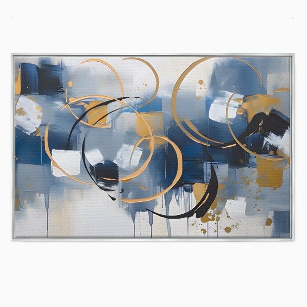 Tablou canvas cu pictura abstracta cu cercuri aurii si albastre, in rama de aluminiu argintiu