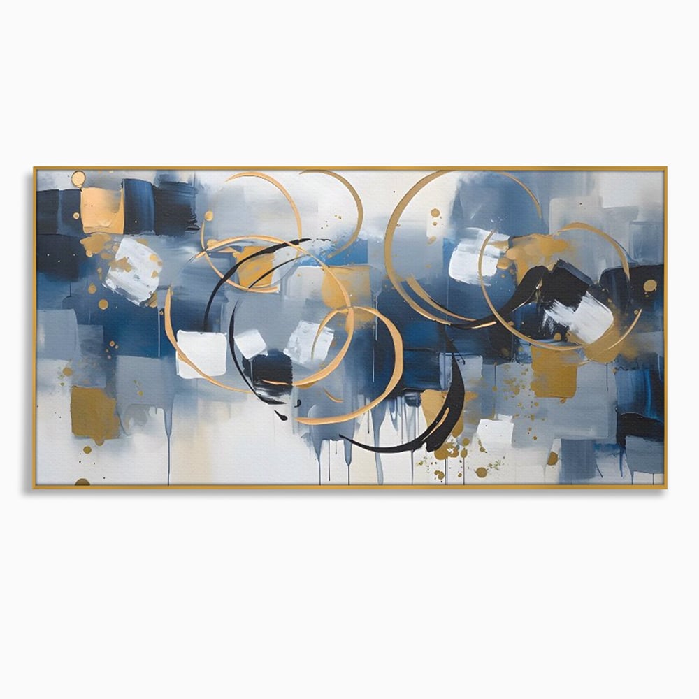 Tablou canvas cu pictura abstracta cu cercuri aurii si albastre, in rama de aluminiu auriu
