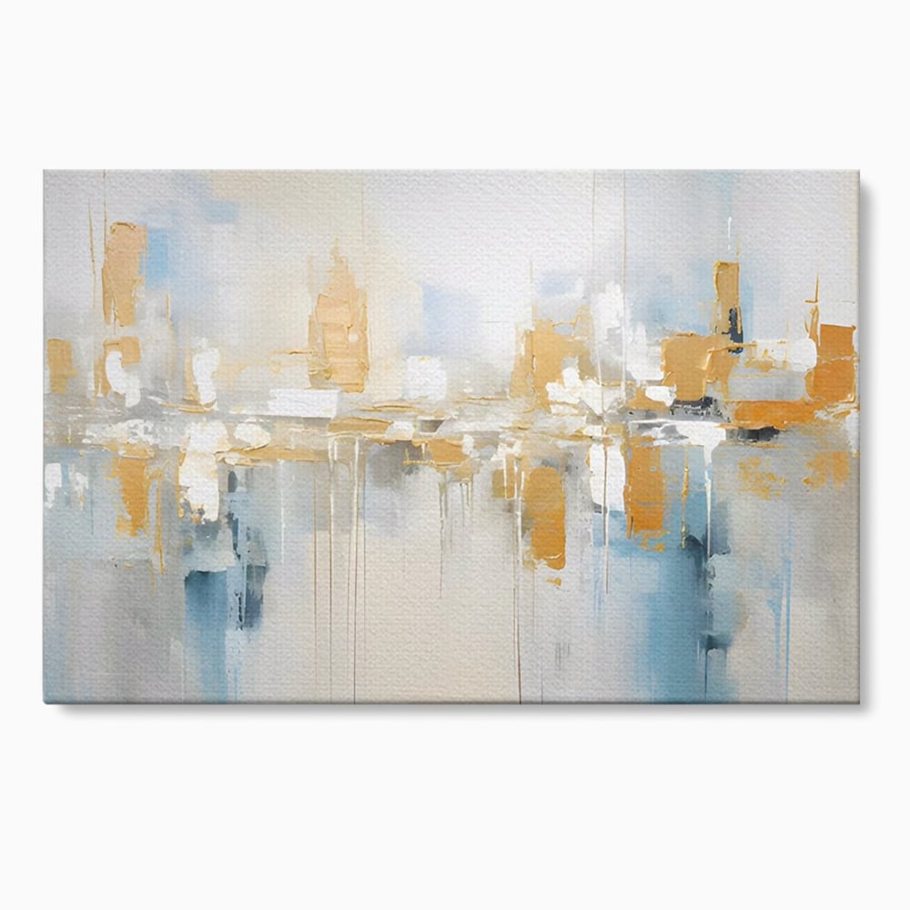 Tablou canvas cu pictura abstracta peisaj urban aurie si albastra, fara rama, pe sasiu de lemn