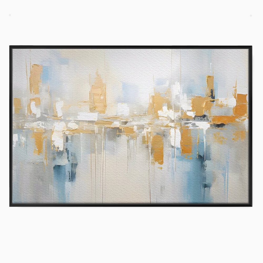 Tablou canvas cu pictura abstracta peisaj urban aurie si albastra, in rama de aluminiu negru
