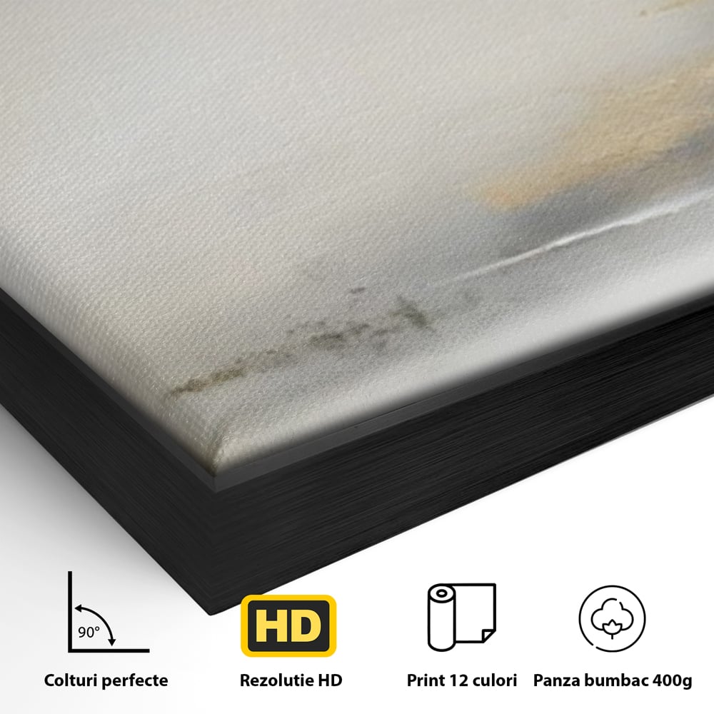Detaliu al suprafetei: tablou abstract cu ceata si nuante aurii, in rama de aluminiu negru