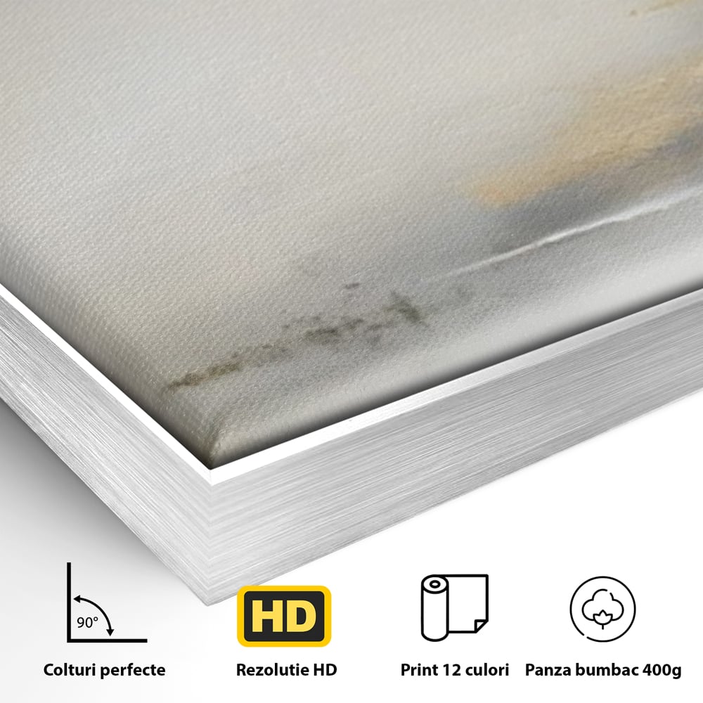 Detaliu al suprafetei: tablou abstract cu ceata si nuante aurii, in rama de aluminiu argintiu
