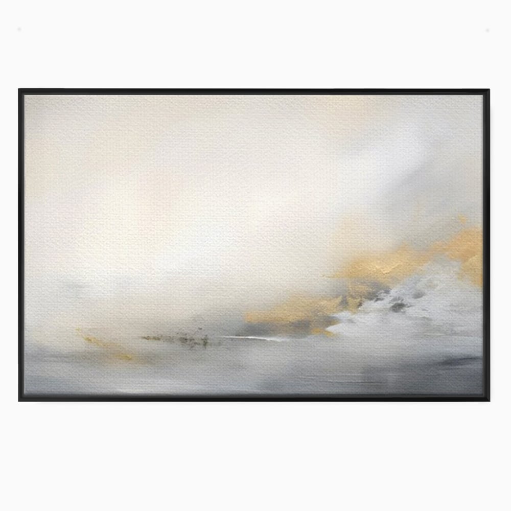 Tablou canvas cu tablou abstract cu ceata si nuante aurii, in rama de aluminiu negru
