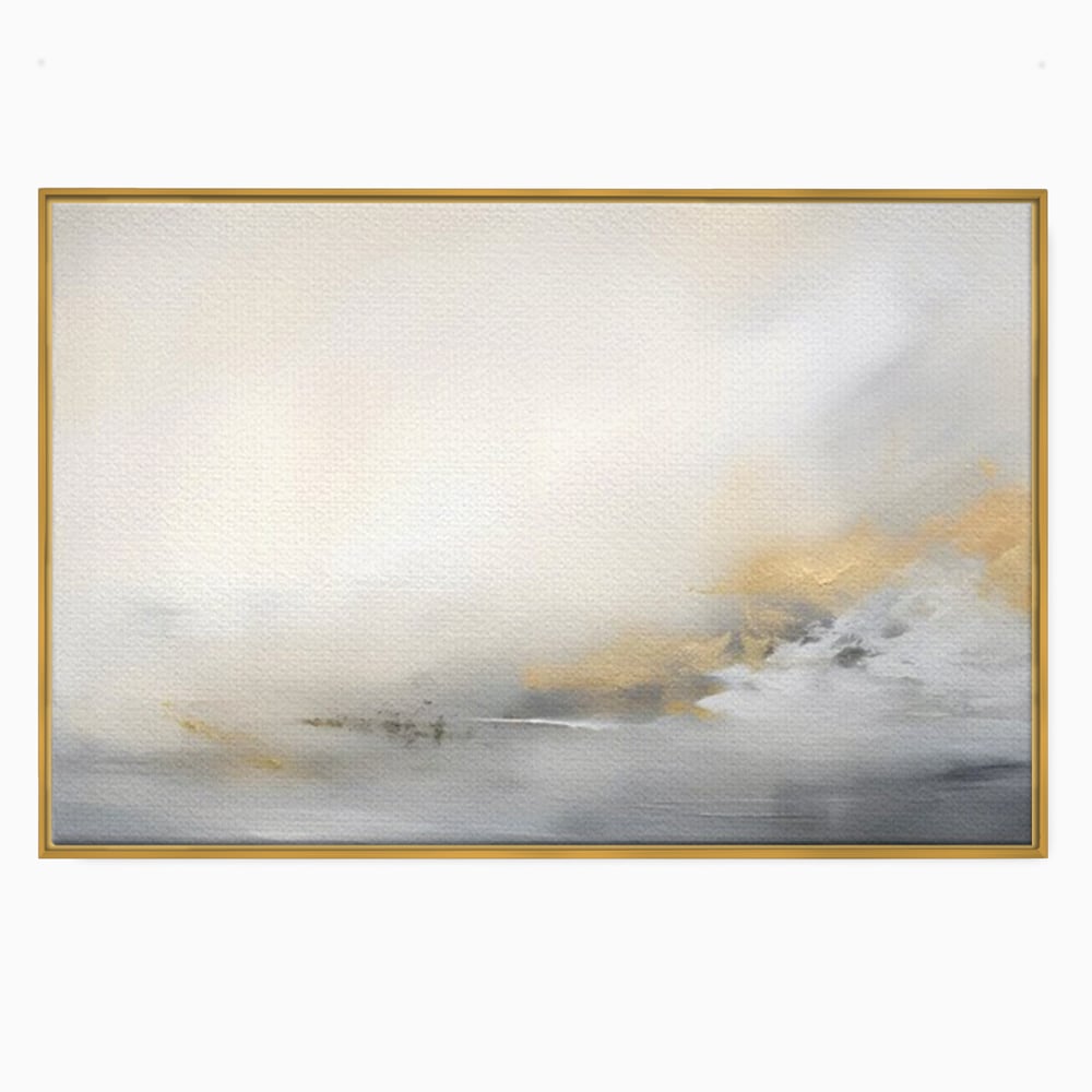 Tablou canvas cu tablou abstract cu ceata si nuante aurii, in rama de aluminiu auriu