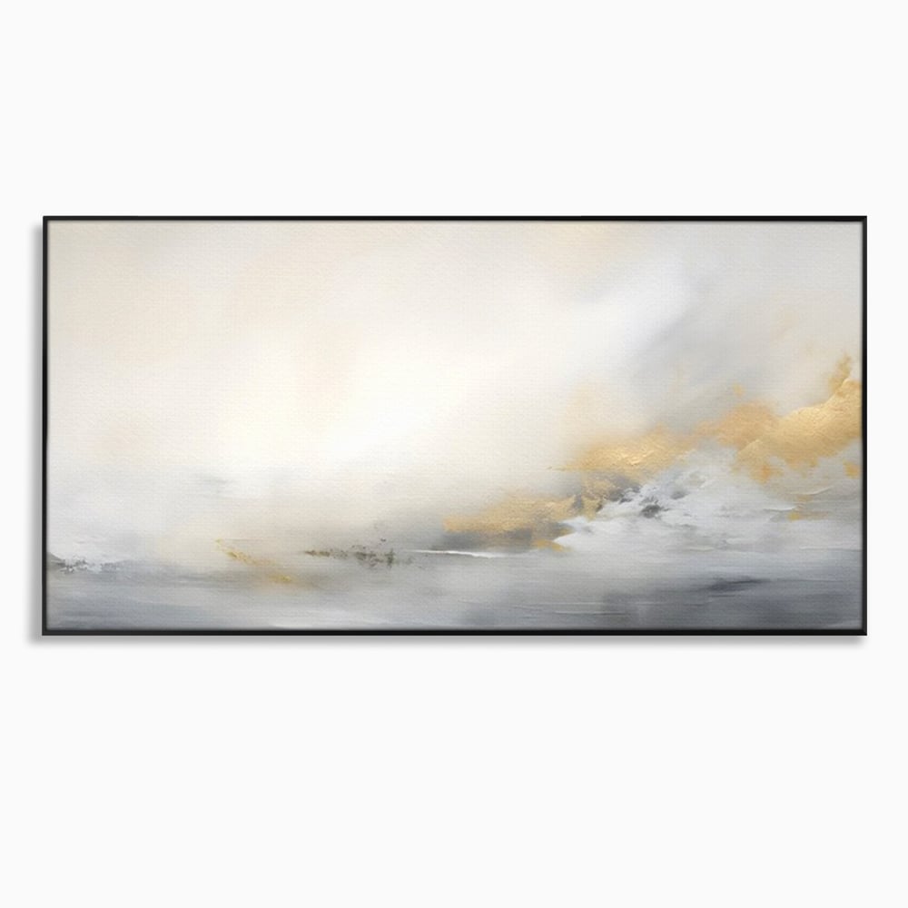 Tablou canvas cu tablou abstract cu ceata si nuante aurii, in rama de aluminiu negru