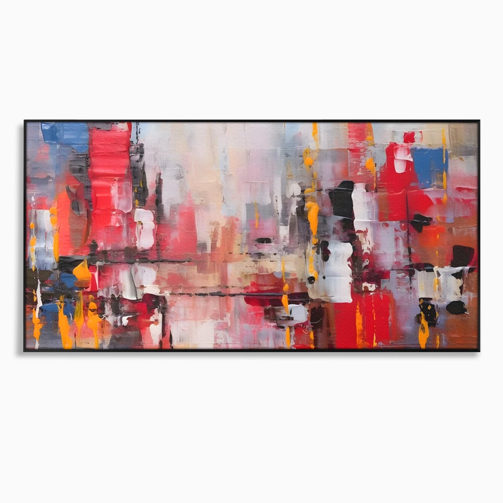 Tablou canvas cu pictura abstracta cu pete de rosu si galben, in rama de aluminiu negru