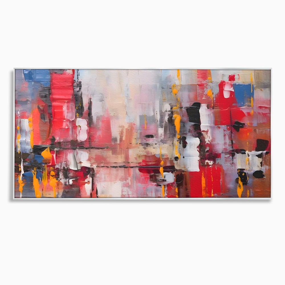 Tablou canvas cu pictura abstracta cu pete de rosu si galben, in rama de aluminiu argintiu