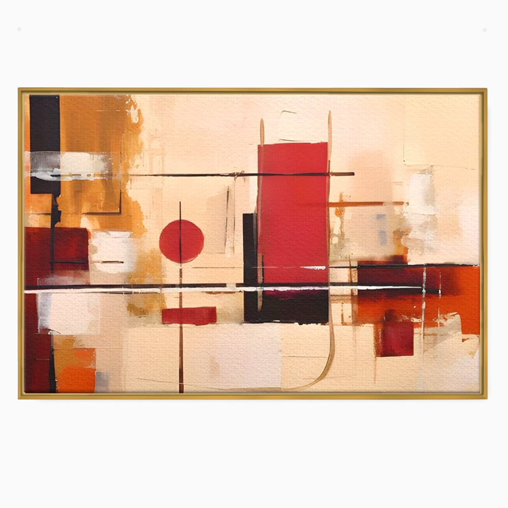 Tablou canvas cu pictura abstracta cu forme geometrice, in rama de aluminiu auriu