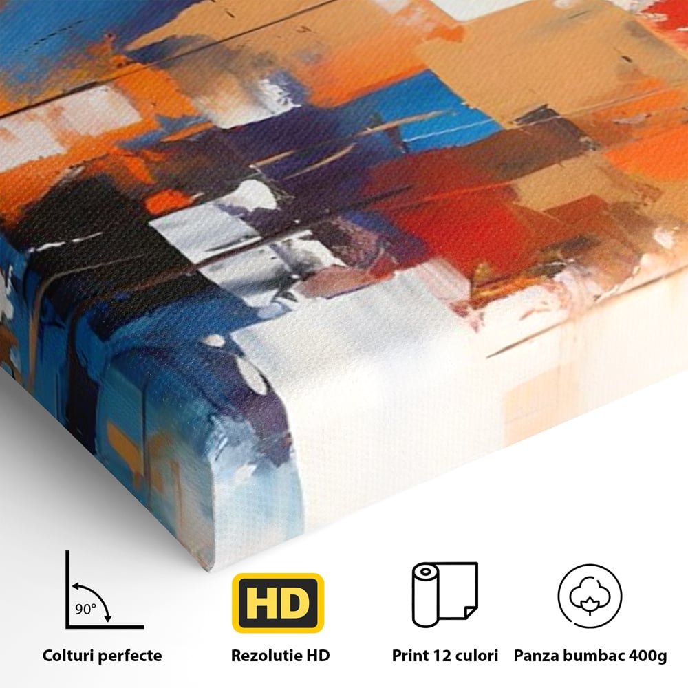 Detaliu al suprafetei: tablou canvas pictura abstracta multicolora, fara rama, pe sasiu de lemn