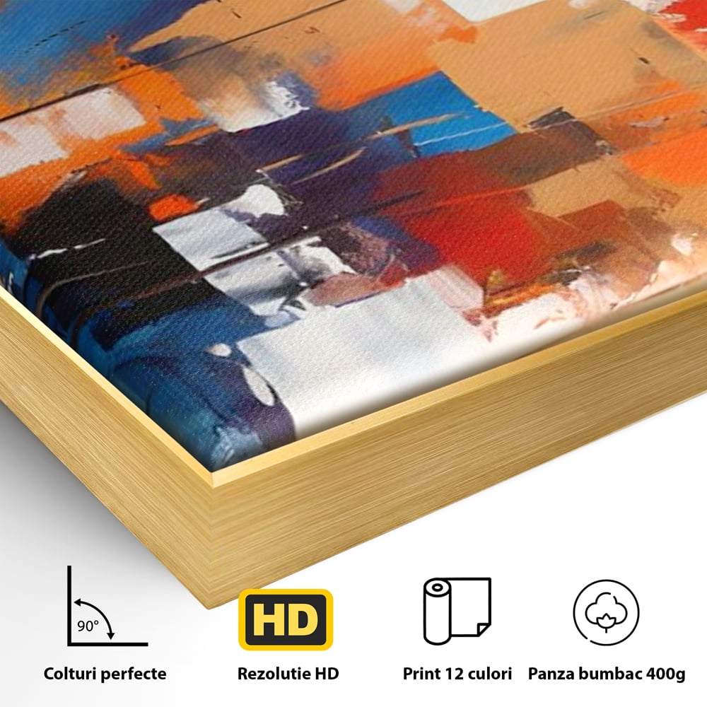 Detaliu al suprafetei: tablou canvas pictura abstracta multicolora, in rama de aluminiu auriu