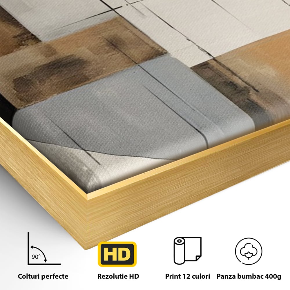 Detaliu al suprafetei: pictura canvas cu linii negre si forme geometrice, in rama de aluminiu auriu