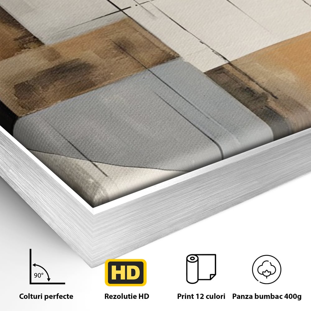Detaliu al suprafetei: pictura canvas cu linii negre si forme geometrice, in rama de aluminiu argintiu