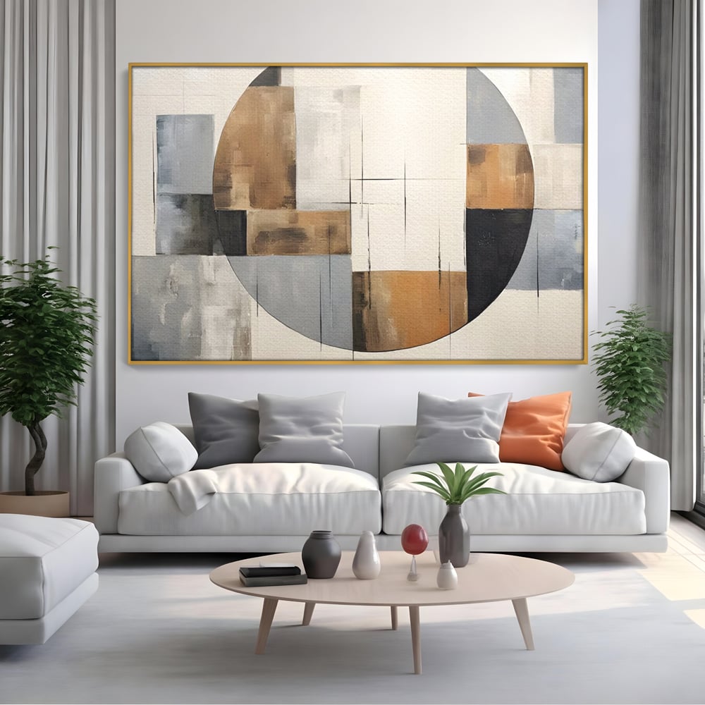 Tablou canvas cu pictura canvas cu linii negre si forme geometrice, in rama de aluminiu auriu, pe perete intr-un living