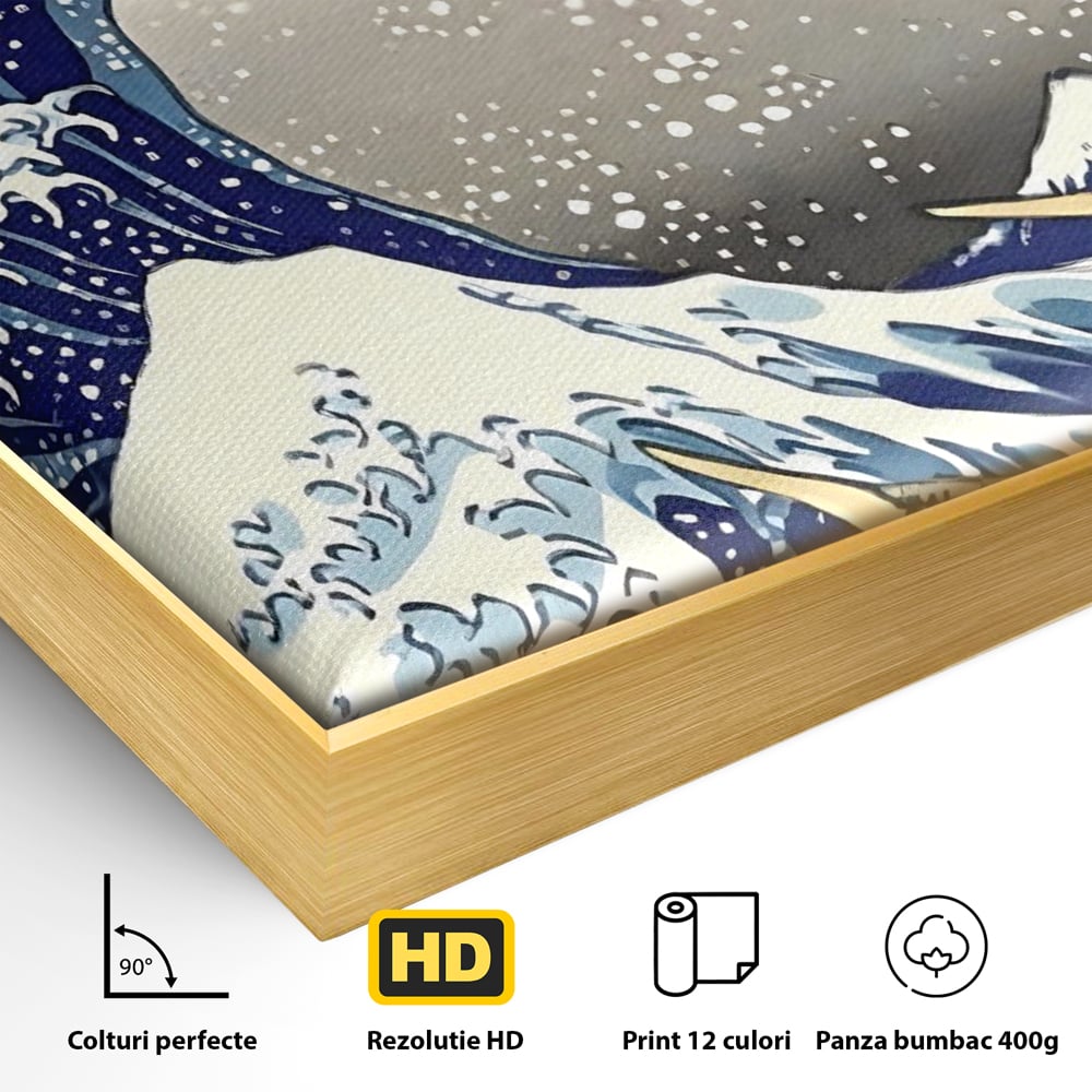 Detaliu al suprafetei: tablou canvas cu valul urias, in rama de aluminiu auriu