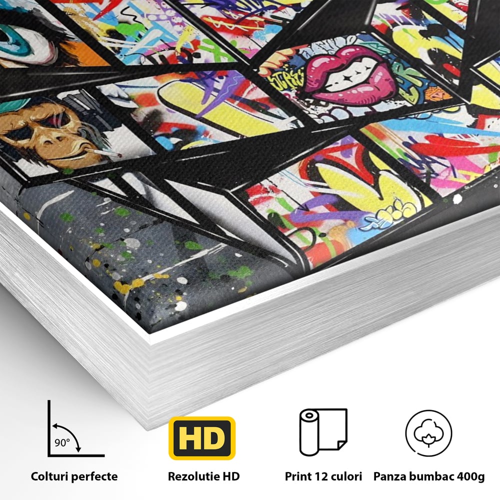 Detaliu al suprafetei: tablou canvas cu cub rubik graffiti, in rama de aluminiu argintiu
