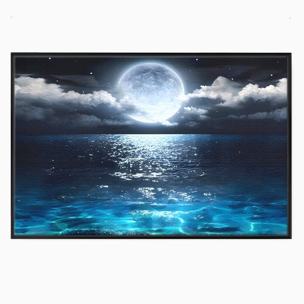 Tablou canvas cu tablou canvas cu luna plina deasupra marii, in rama de aluminiu negru