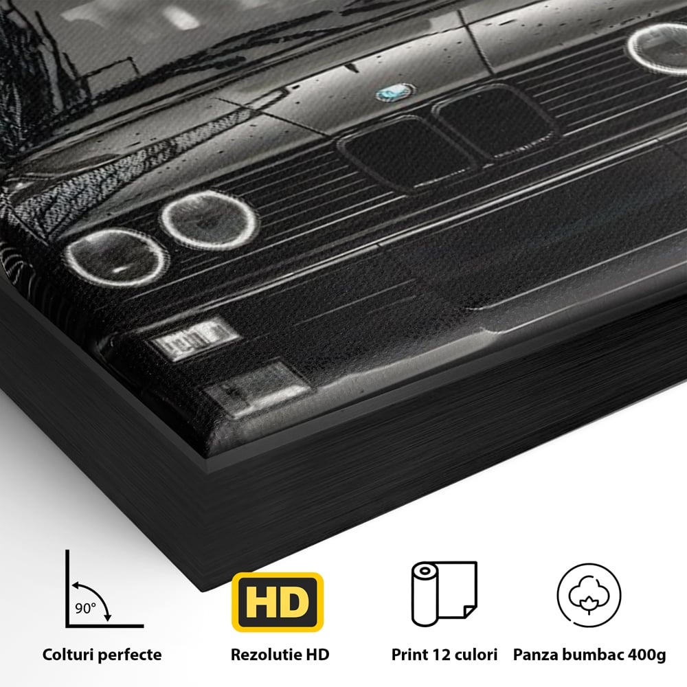 Detaliu al suprafetei: tablou canvas cu masina bmw clasica, in rama de aluminiu negru