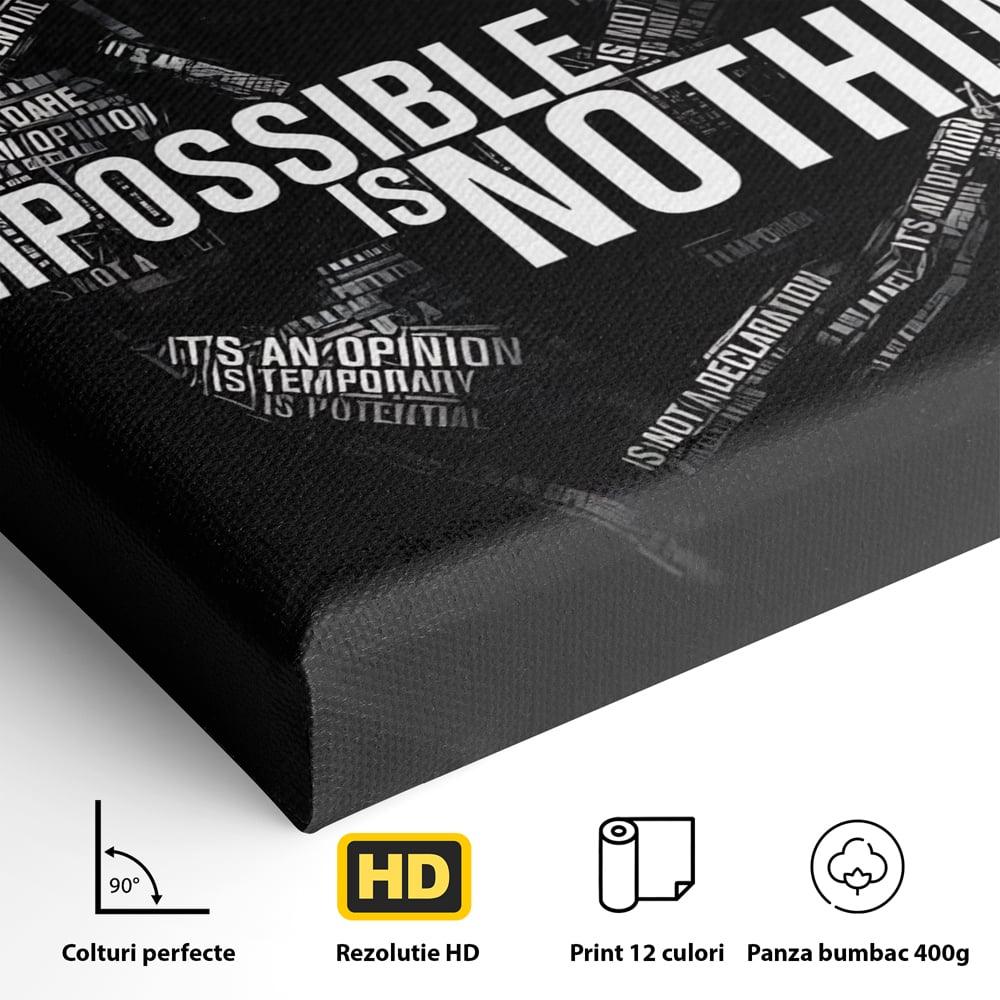 Detaliu al suprafetei: tablou canvas cu silueta masculina si text motivational, fara rama, pe sasiu de lemn
