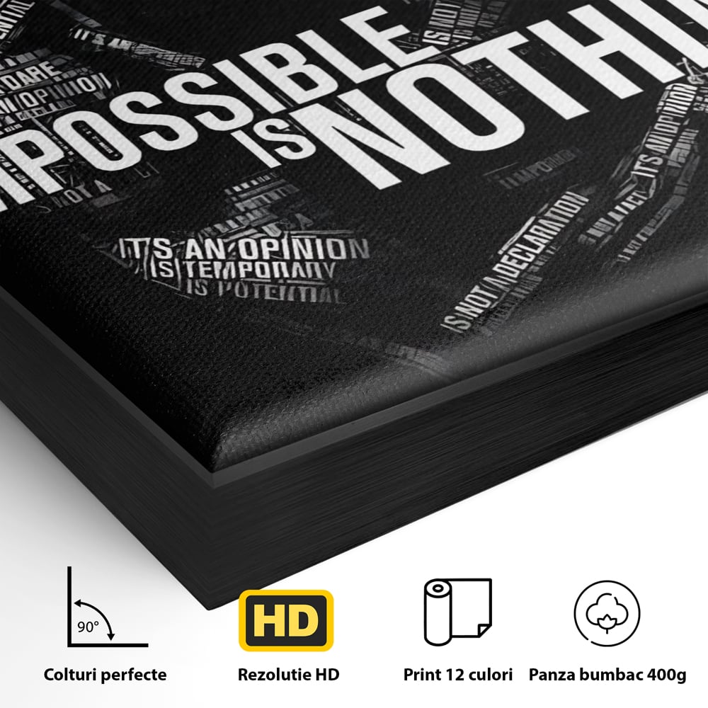 Detaliu al suprafetei: tablou canvas cu silueta masculina si text motivational, in rama de aluminiu negru