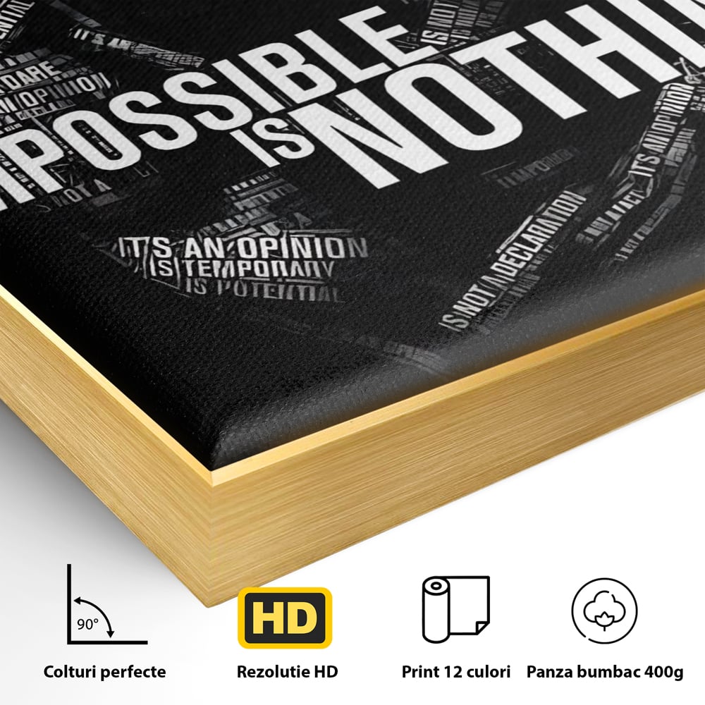 Detaliu al suprafetei: tablou canvas cu silueta masculina si text motivational, in rama de aluminiu auriu