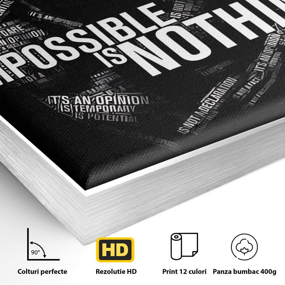Detaliu al suprafetei: tablou canvas cu silueta masculina si text motivational, in rama de aluminiu argintiu