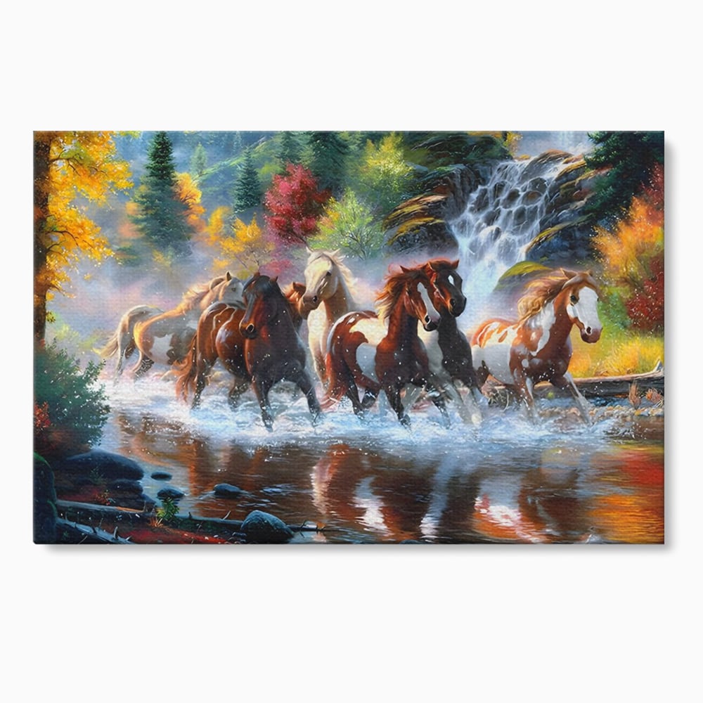 Tablou canvas cu tablou canvas cu cai galopand prin apa, fara rama, pe sasiu de lemn