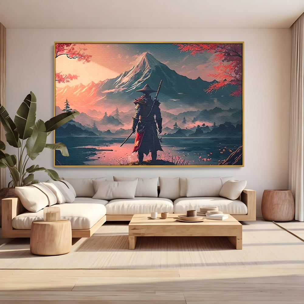 Tablou canvas cu samurai cu sabie pe malul lacului, in rama de aluminiu auriu, pe perete intr-un living