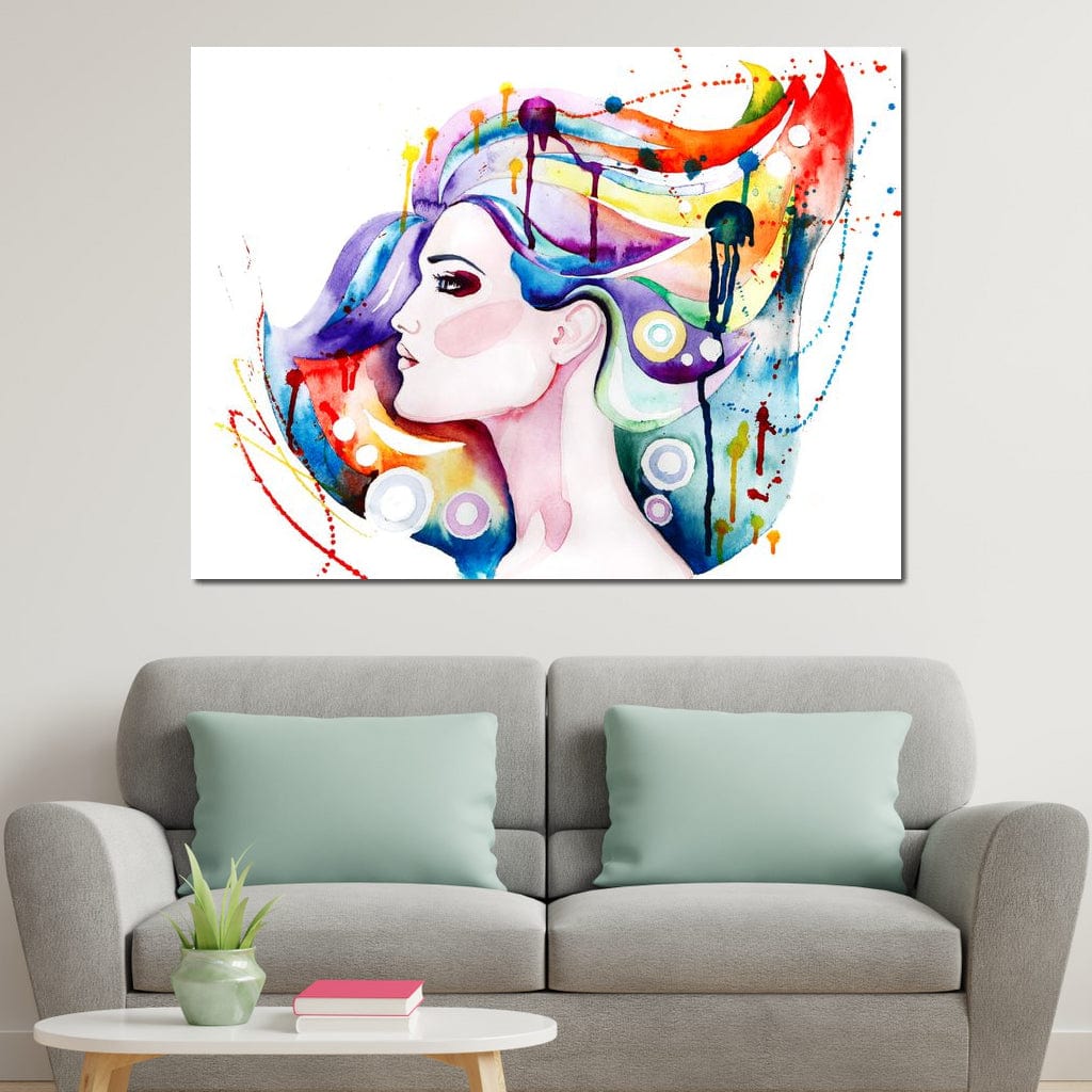 Tablou canvas decorativ cu pictura profil femeie par colorat