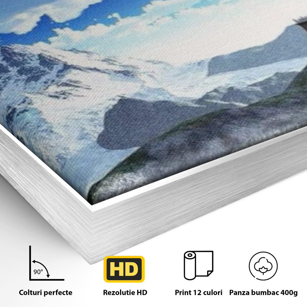 Detaliu al suprafetei: tablou canvas cu templu si munti, in rama de aluminiu argintiu