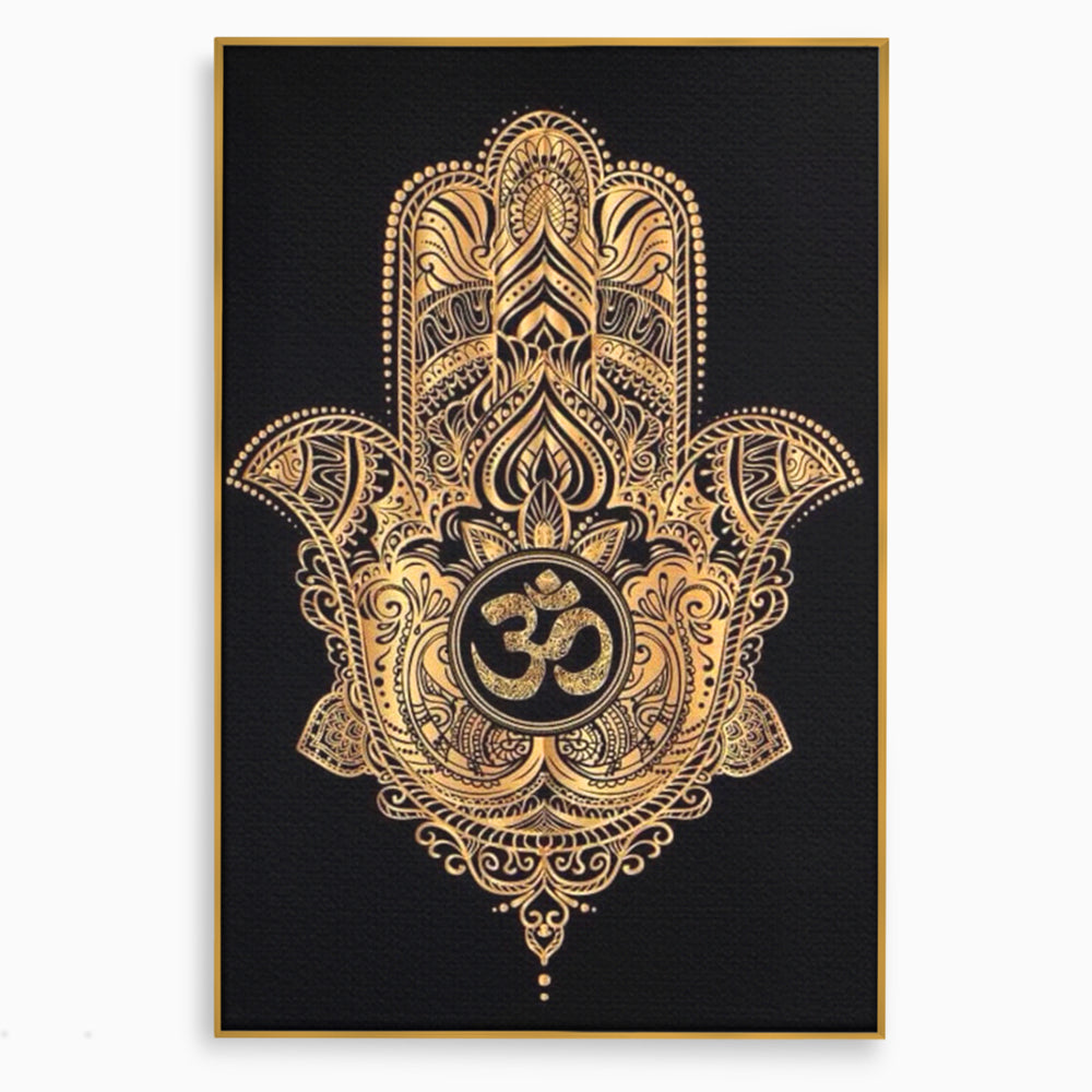 Tablou canvas cu illustratie digitala hamsa aurie, in rama de aluminiu auriu
