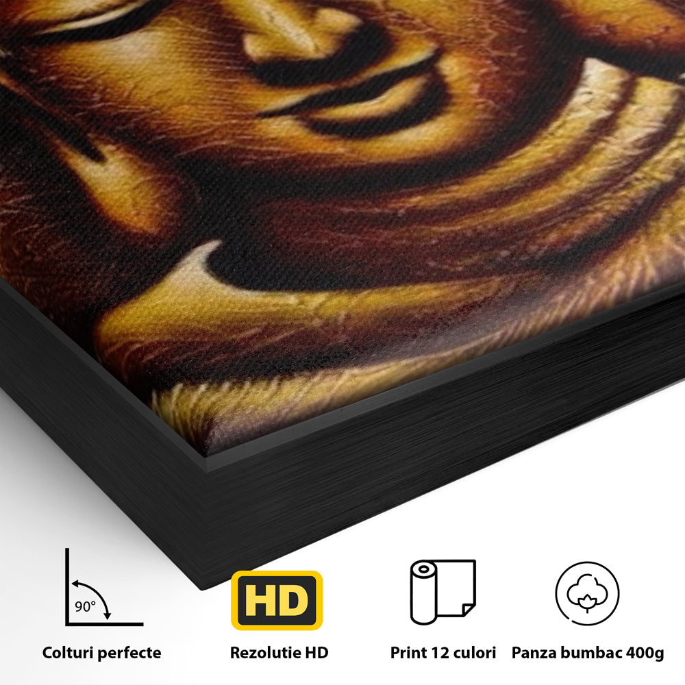 Detaliu al suprafetei: tablou canvas cu chipul lui buddha, in rama de aluminiu negru