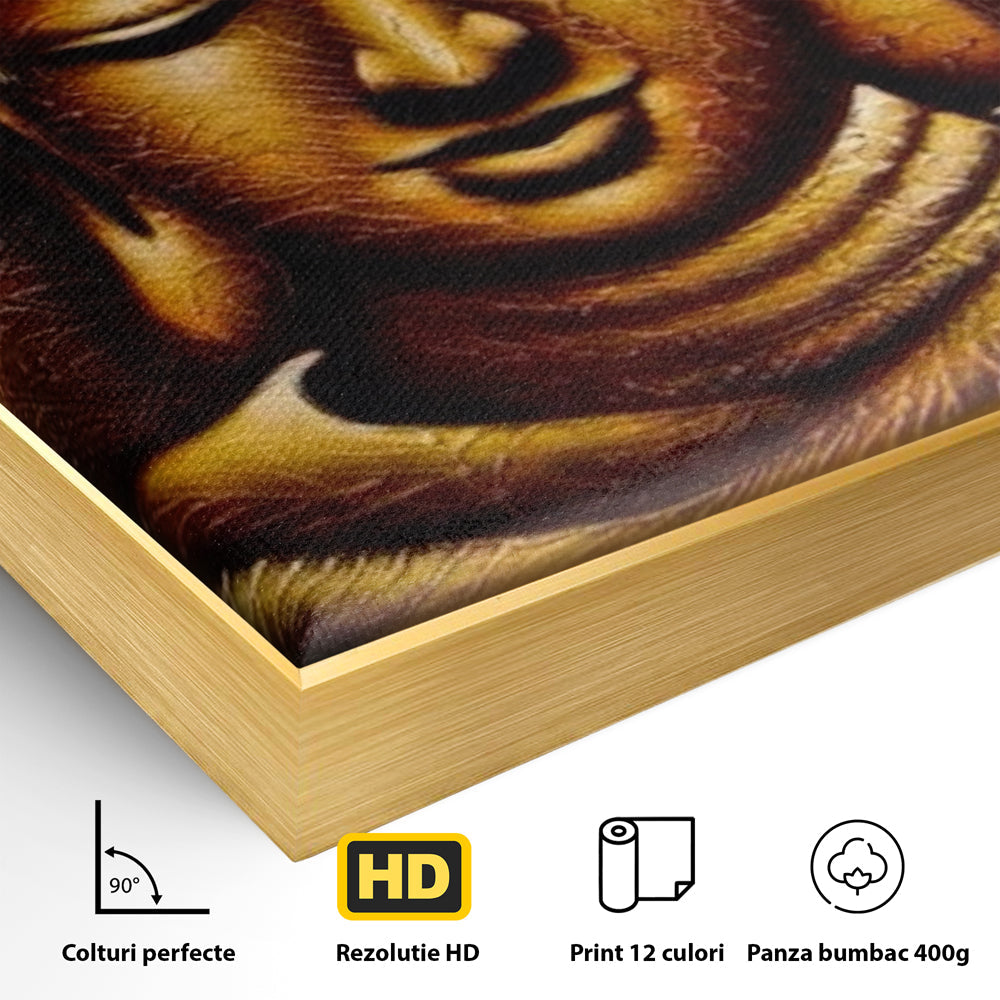 Detaliu al suprafetei: tablou canvas cu chipul lui buddha, in rama de aluminiu auriu