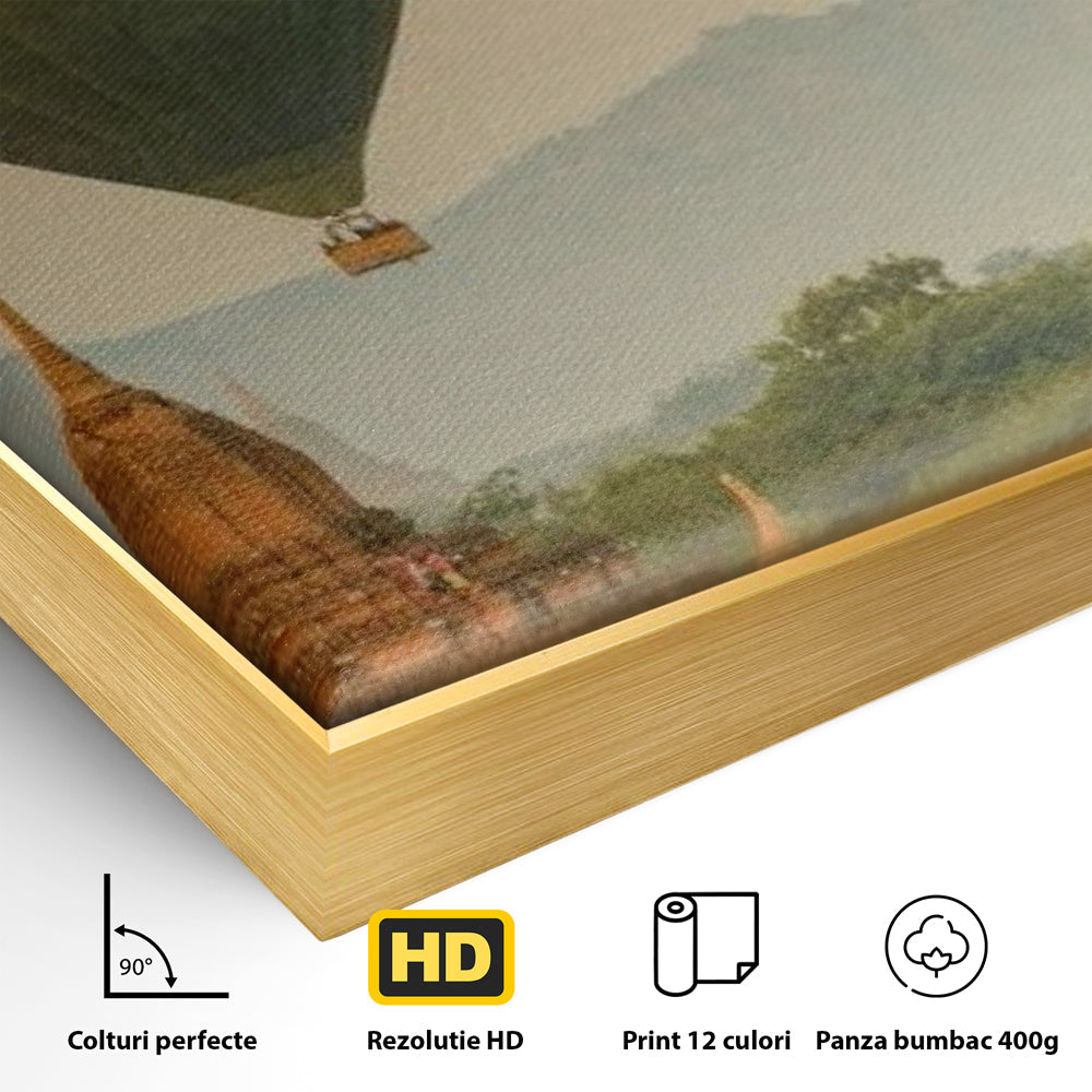 Detaliu al suprafetei: tablou canvas cu peisaj din bagan, in rama de aluminiu auriu