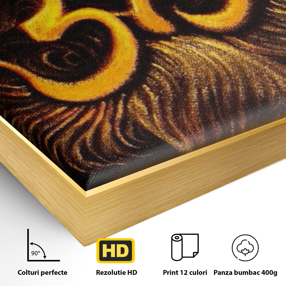 Detaliu al suprafetei: tablou canvas cu simbolul om aurit, in rama de aluminiu auriu