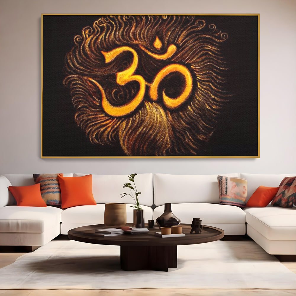 Tablou canvas cu tablou canvas cu simbolul om aurit, in rama de aluminiu auriu, pe perete intr-un living