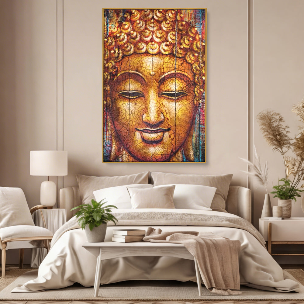 Tablou canvas cu tablou canvas cu chipul lui buddha, in rama de aluminiu auriu, pe perete intr-un dormitor